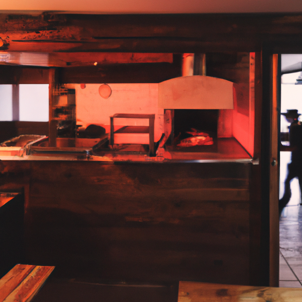Interior artesanal de pizzería con horno a leña y mostrador de caja en Santiago de Chile